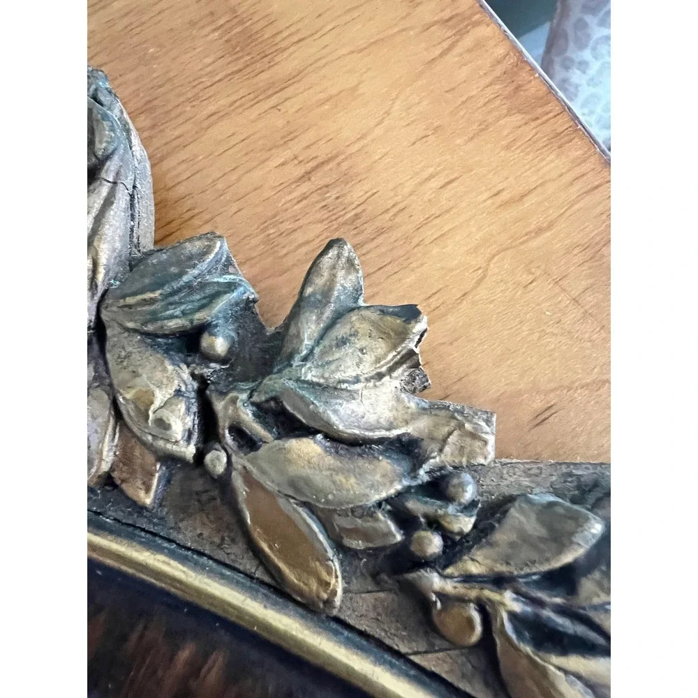 Vintage French Neoclassical Round Wood Wall Mirror Gilt Accents 22x16